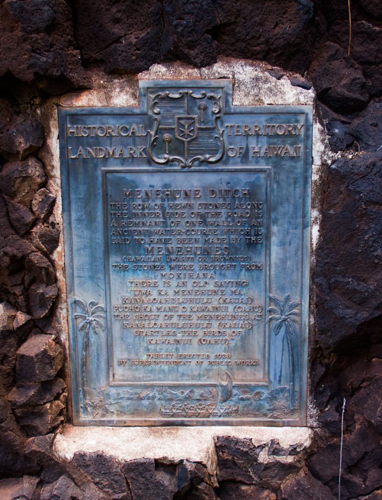 The commerative plaque at the site of the Menehune Ditch