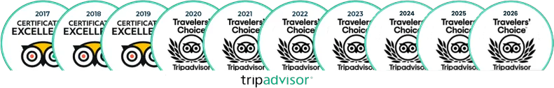 Makana Charters TripAdvisor awards from 2017 to 2026, including Certificates of Excellence and Travelers' Choice recognitions